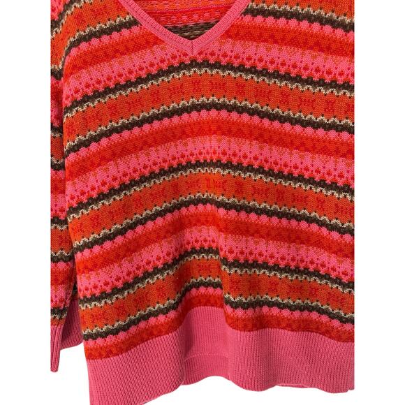 Talbots Petites Sweater Orange Pink Merino Wool‎ Knit V-Neck Nordic Large - Picture 5 of 12